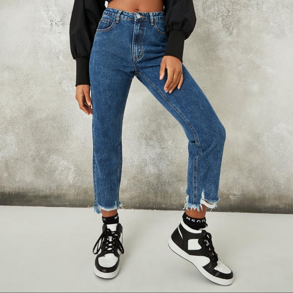 Misguided Petite Straight Leg Chewed Hem Jeans